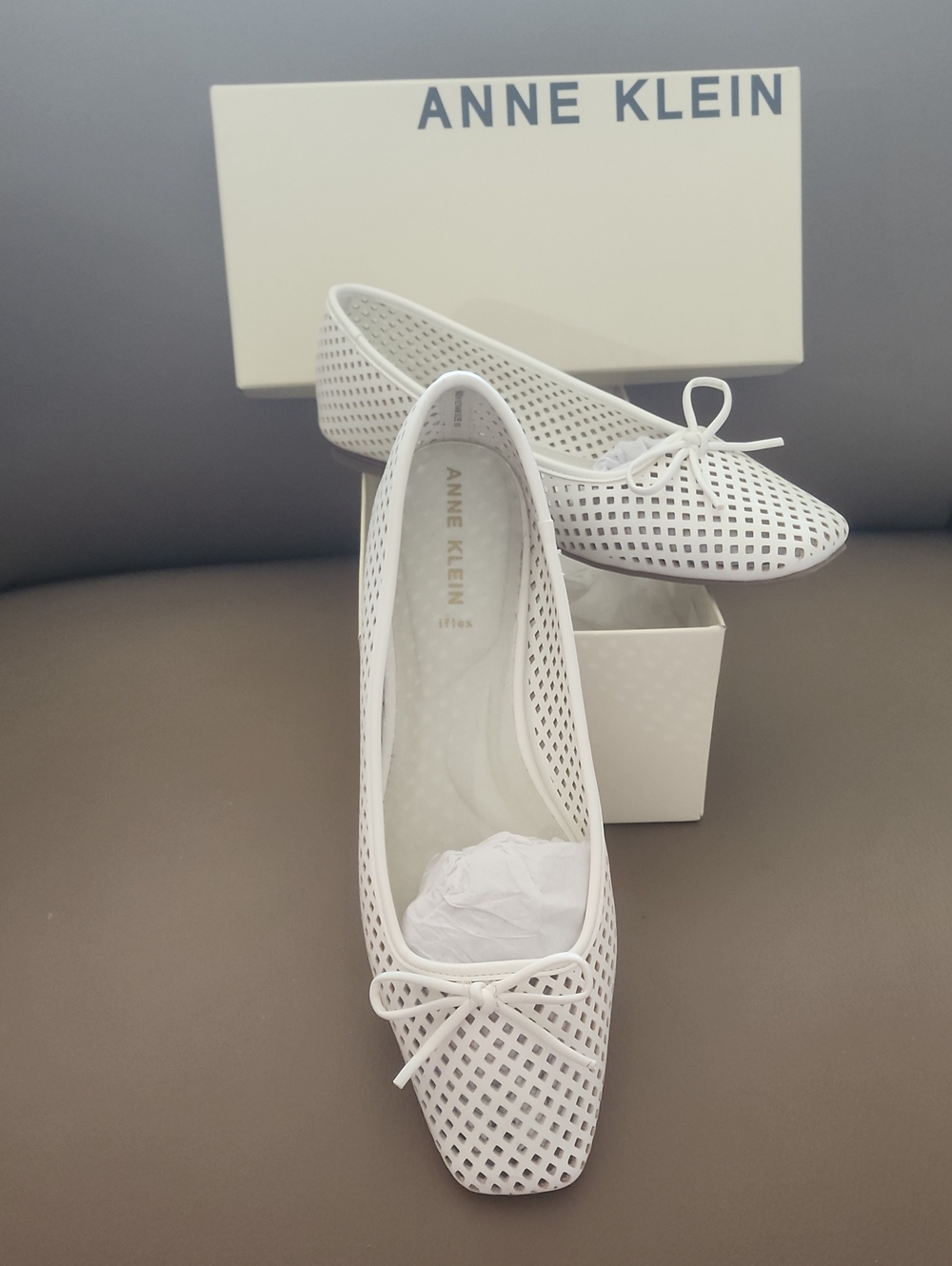 Anne Klein White Perforated Bow Ballet Flats